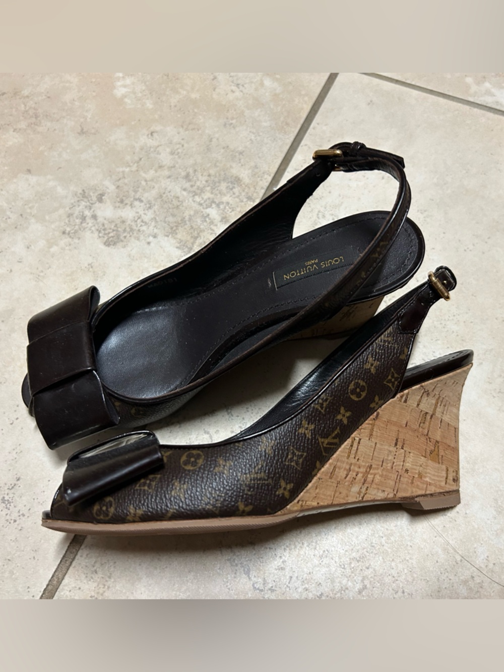 Louis Vuitton Monogram Cork Wedge Slingback Sandals in Brown